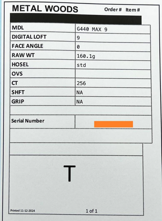 CT256 Tour Issue WRX PROTO PING G440 MAX 9 (Real 9°) with Spec Sheet, Lightweight, Tour Issue